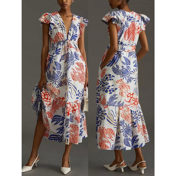 NEW Farm Rio Printed Ruffle-Sleeve V-Neck Dress Sz XS - Picture 1 of 7